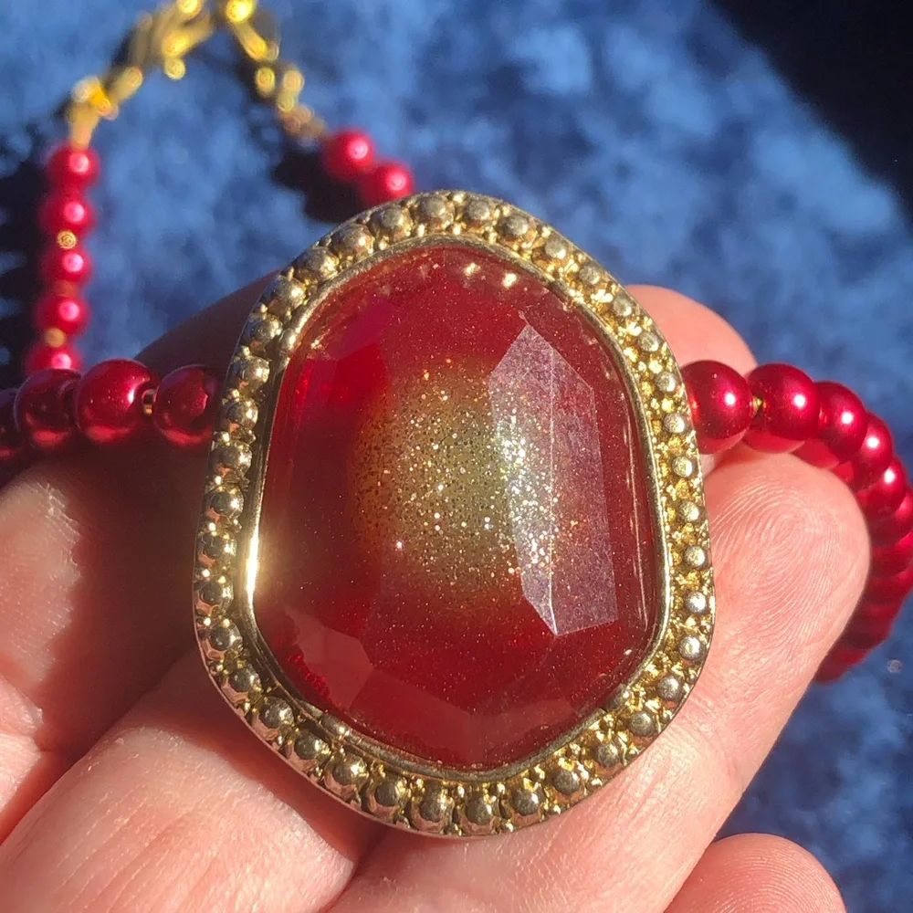 Handcrafted repurpose faceted glitter dome pendant Czech glass Pearl necklace